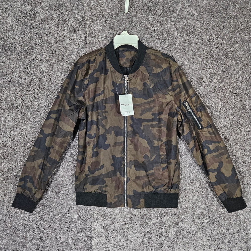 Mens Camouflage Satin Jacket Green Camo Full Zip Flight Jacket Large NWT